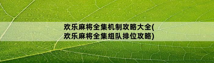 欢乐麻将全集机制攻略大全(欢乐麻将全集组队排位攻略)