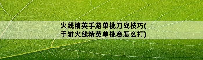 火线精英手游单挑刀战技巧(手游火线精英单挑赛怎么打)